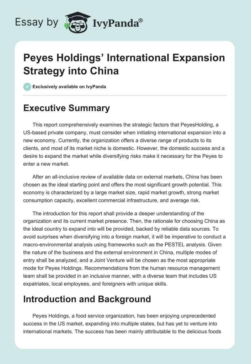 Peyes Holdings’ International Expansion Strategy into China. Page 1