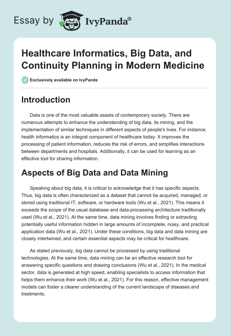 Healthcare Informatics, Big Data, and Continuity Planning in Modern Medicine. Page 1
