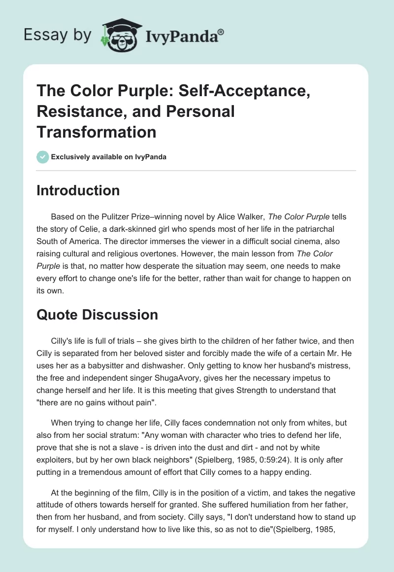 The Color Purple: Self-Acceptance, Resistance, and Personal Transformation. Page 1