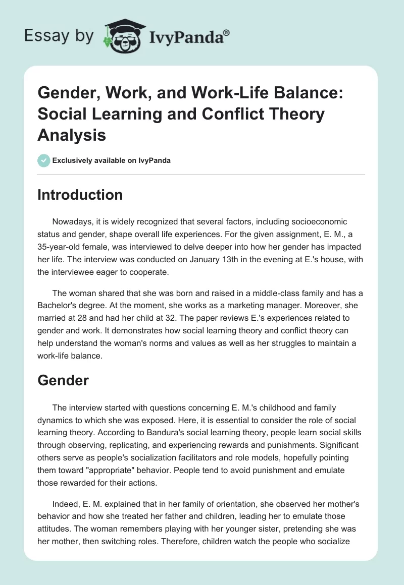 Gender, Work, and Work-Life Balance: Social Learning and Conflict Theory Analysis. Page 1