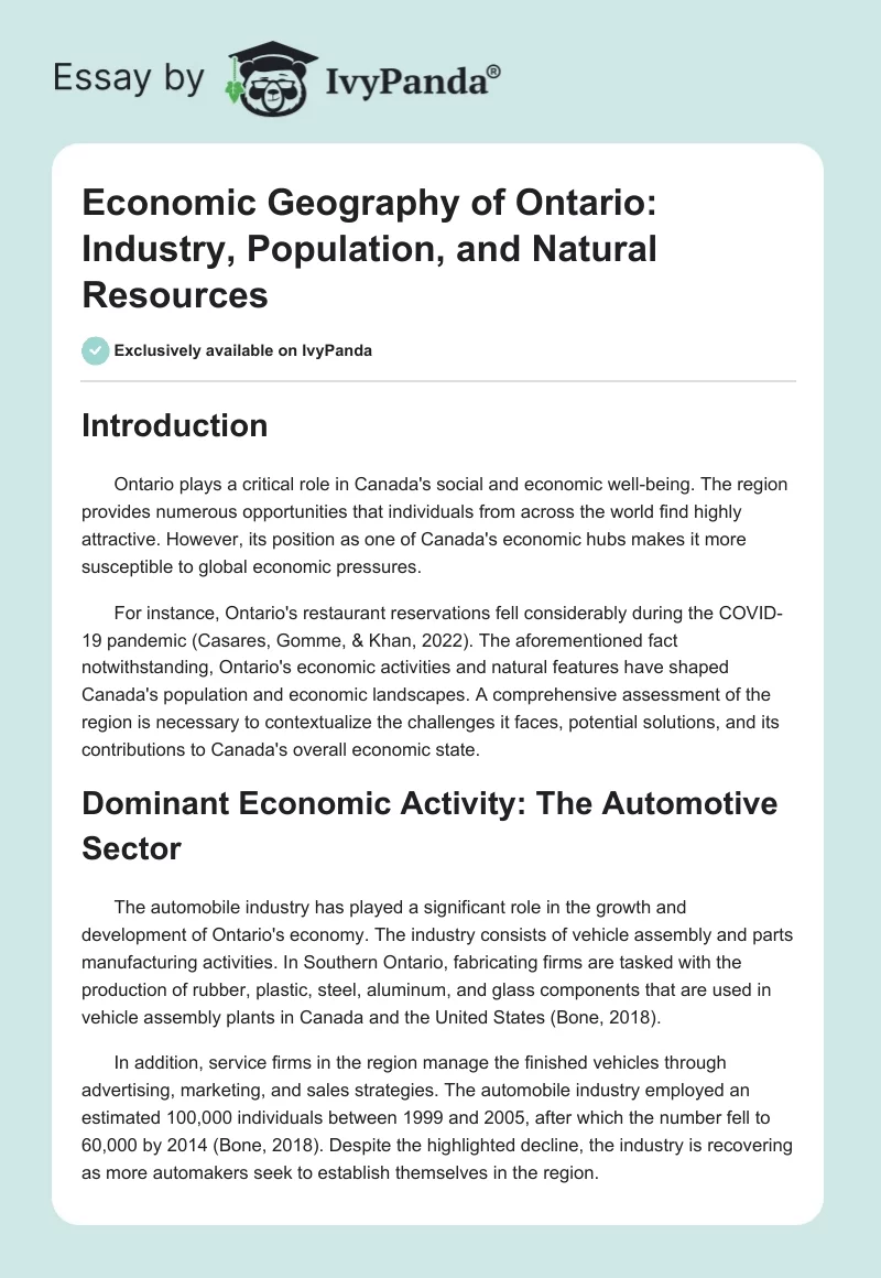 Economic Geography of Ontario: Industry, Population, and Natural Resources. Page 1