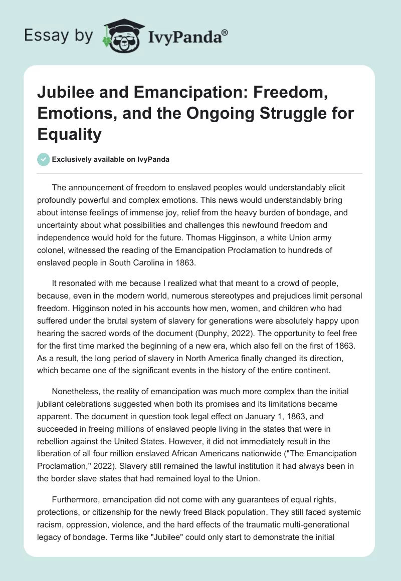 Jubilee and Emancipation: Freedom, Emotions, and the Ongoing Struggle for Equality. Page 1