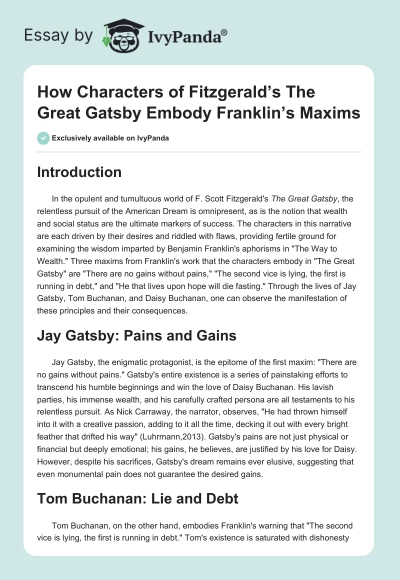 How Characters of Fitzgerald’s The Great Gatsby Embody Franklin’s Maxims. Page 1