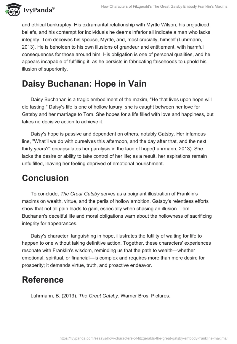 How Characters of Fitzgerald’s The Great Gatsby Embody Franklin’s Maxims. Page 2