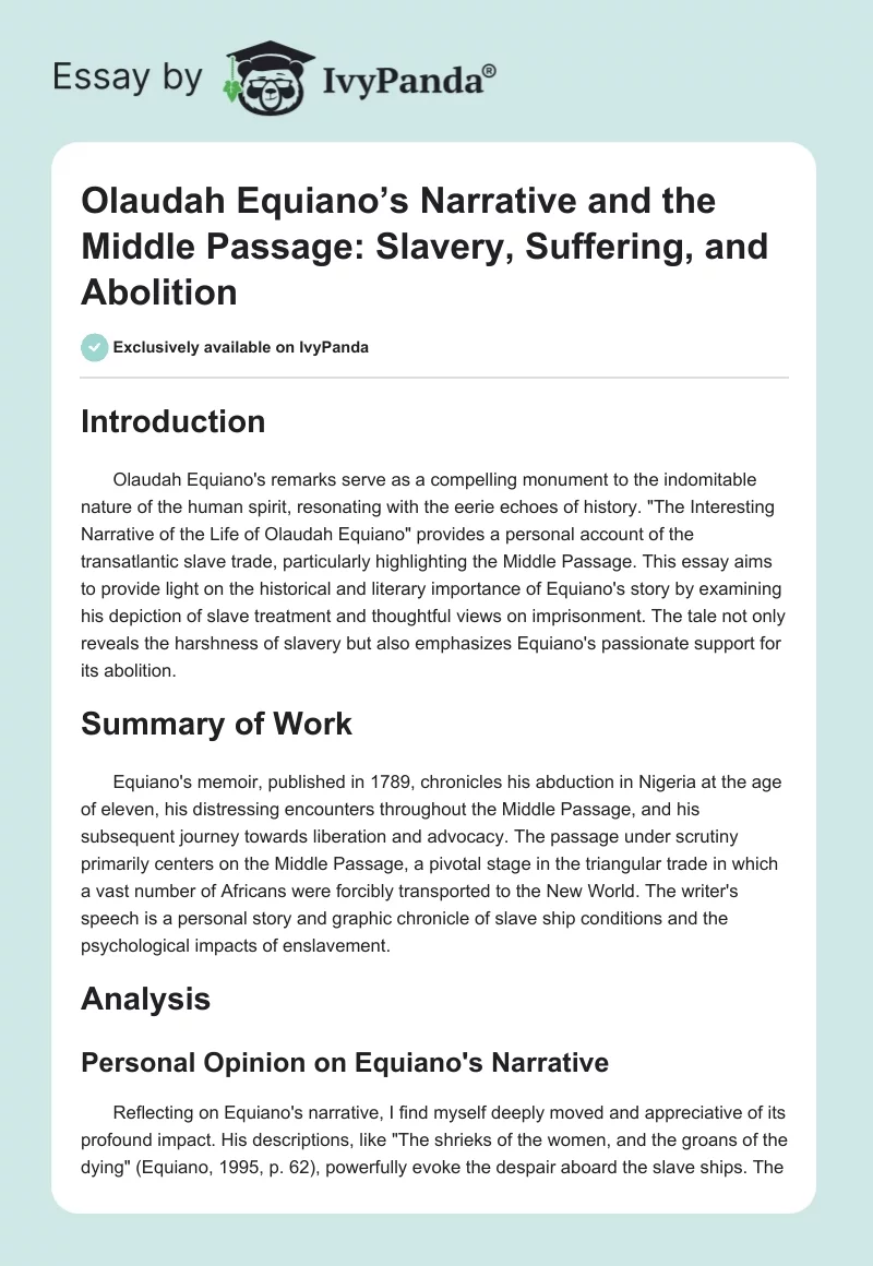 Olaudah Equiano’s Narrative and the Middle Passage: Slavery, Suffering, and Abolition. Page 1