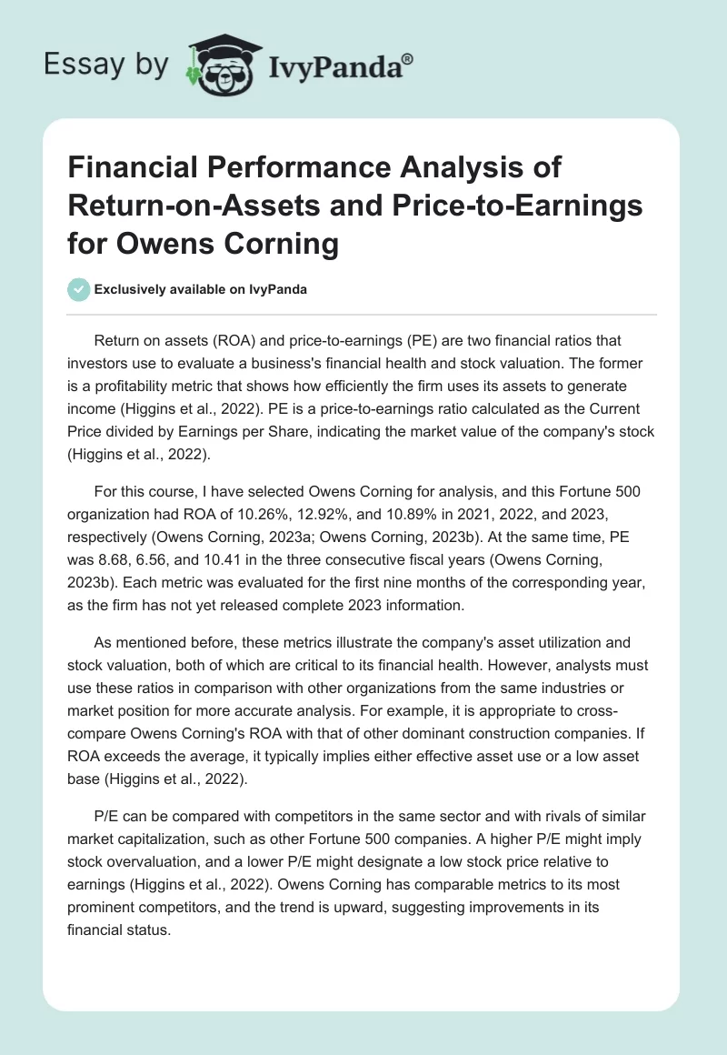Financial Performance Analysis of Return-on-Assets and Price-to-Earnings for Owens Corning. Page 1