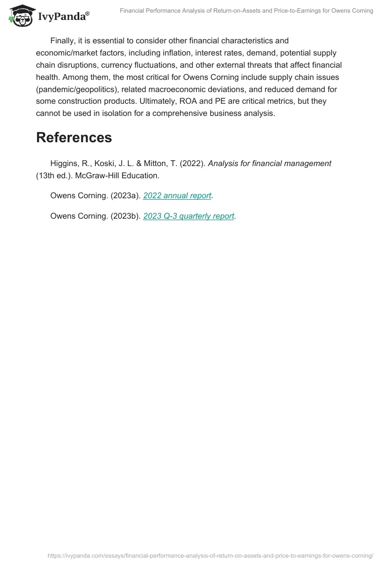 Financial Performance Analysis of Return-on-Assets and Price-to-Earnings for Owens Corning. Page 2