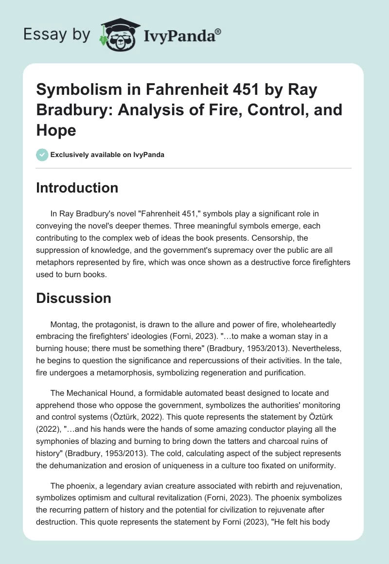 Symbolism in Fahrenheit 451 by Ray Bradbury: Analysis of Fire, Control, and Hope. Page 1