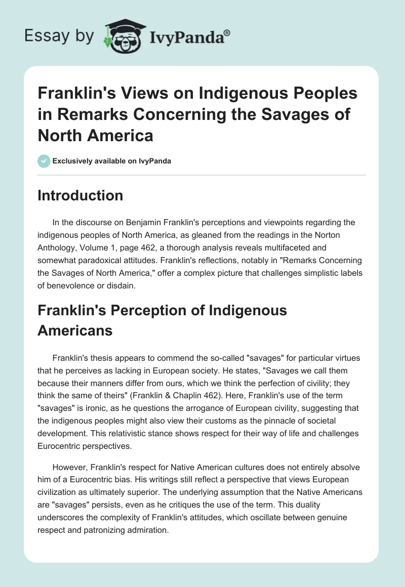 Franklin's Views on Indigenous Peoples in "Remarks Concerning the Savages of North America". Page 1