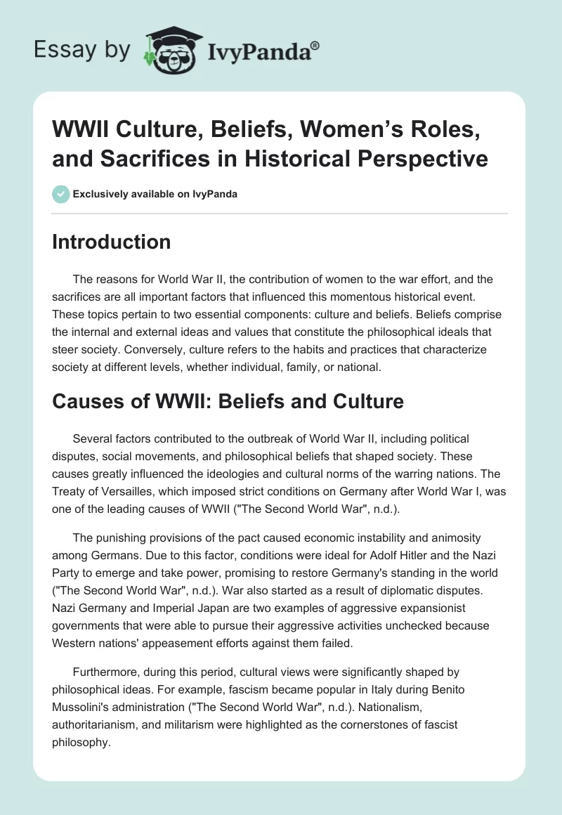 WWII Culture, Beliefs, Women’s Roles, and Sacrifices in Historical Perspective. Page 1