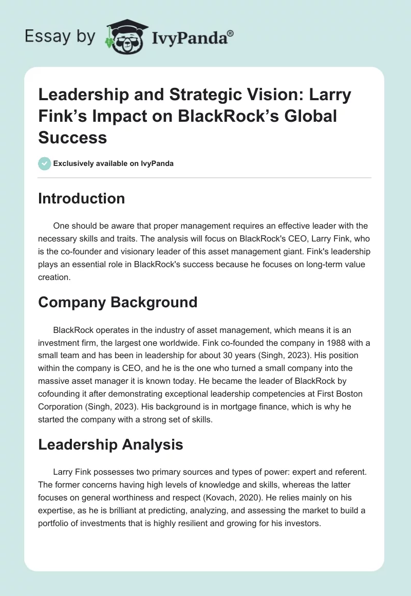 Leadership and Strategic Vision: Larry Fink’s Impact on BlackRock’s Global Success. Page 1