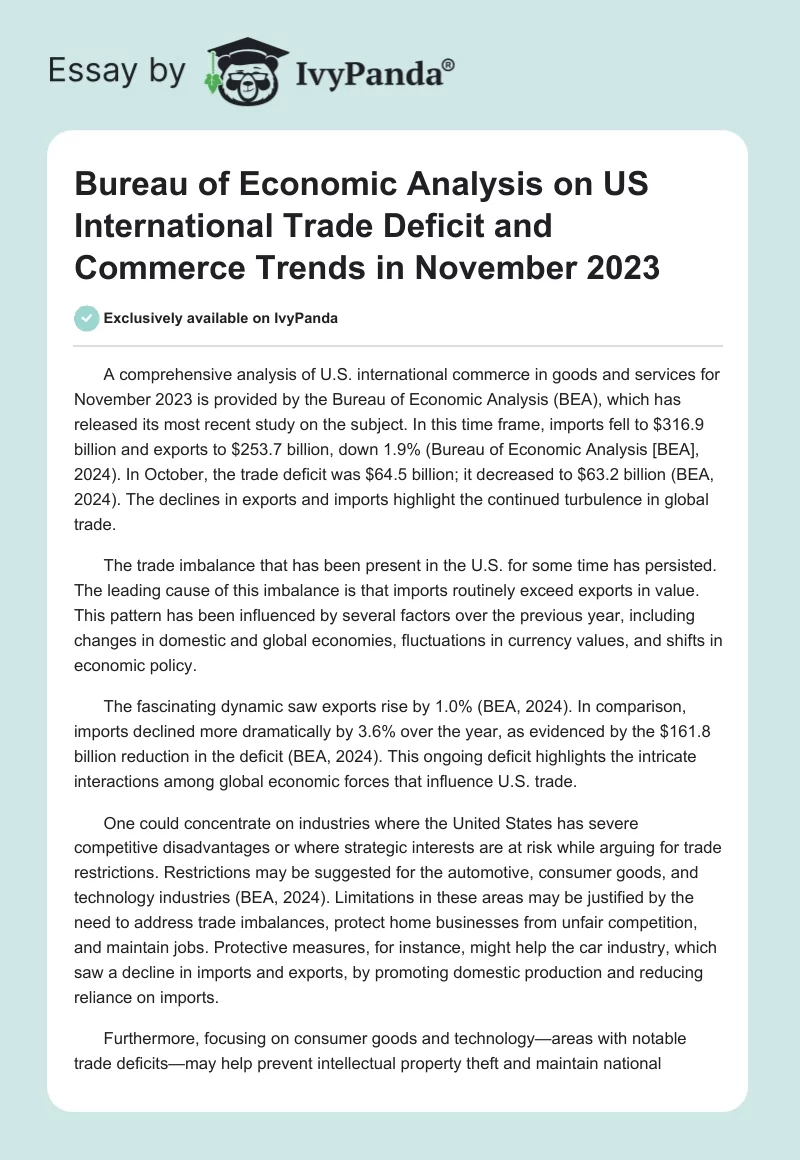 Bureau of Economic Analysis on US International Trade Deficit and Commerce Trends in November 2023. Page 1