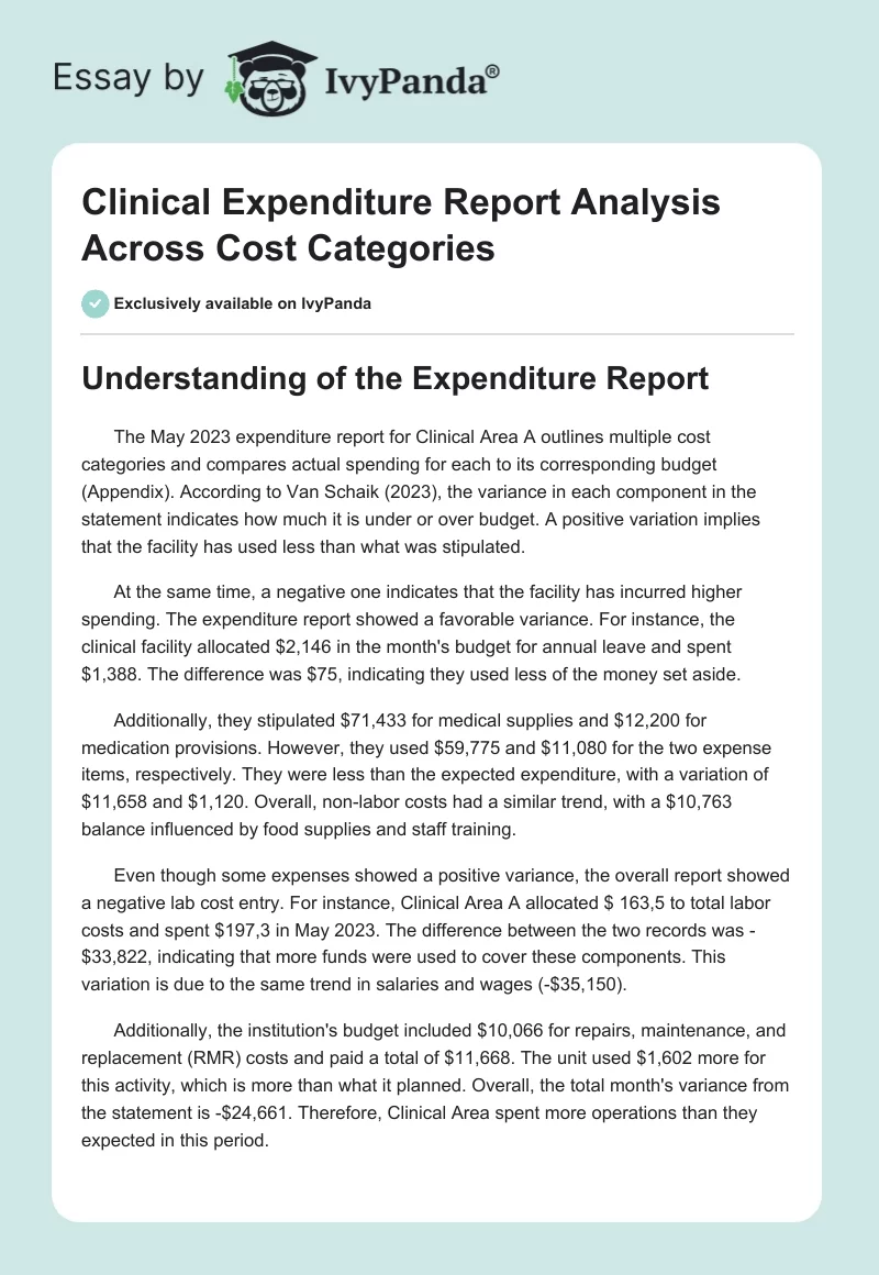 Clinical Expenditure Report Analysis Across Cost Categories. Page 1