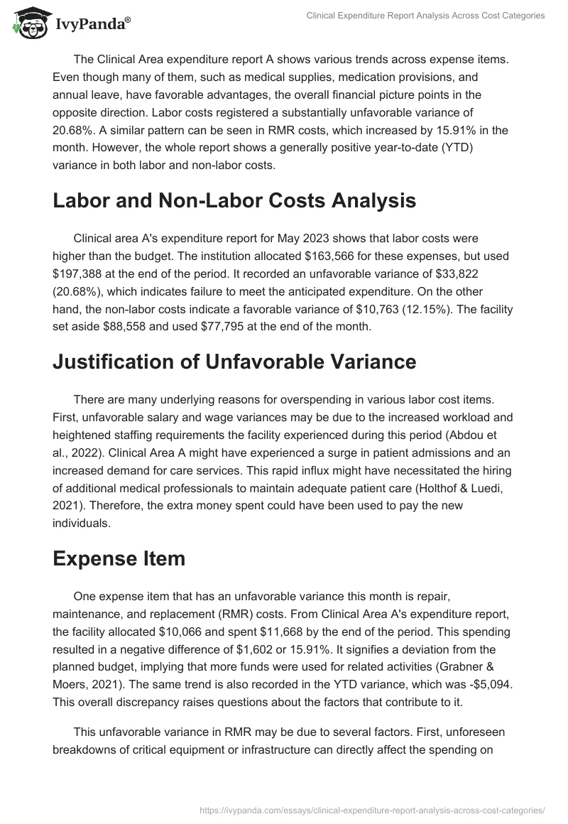 Clinical Expenditure Report Analysis Across Cost Categories. Page 2