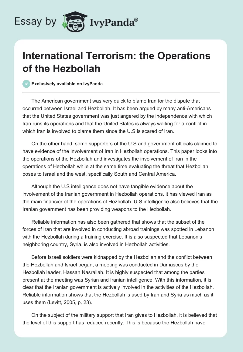International Terrorism: The Operations of the Hezbollah. Page 1