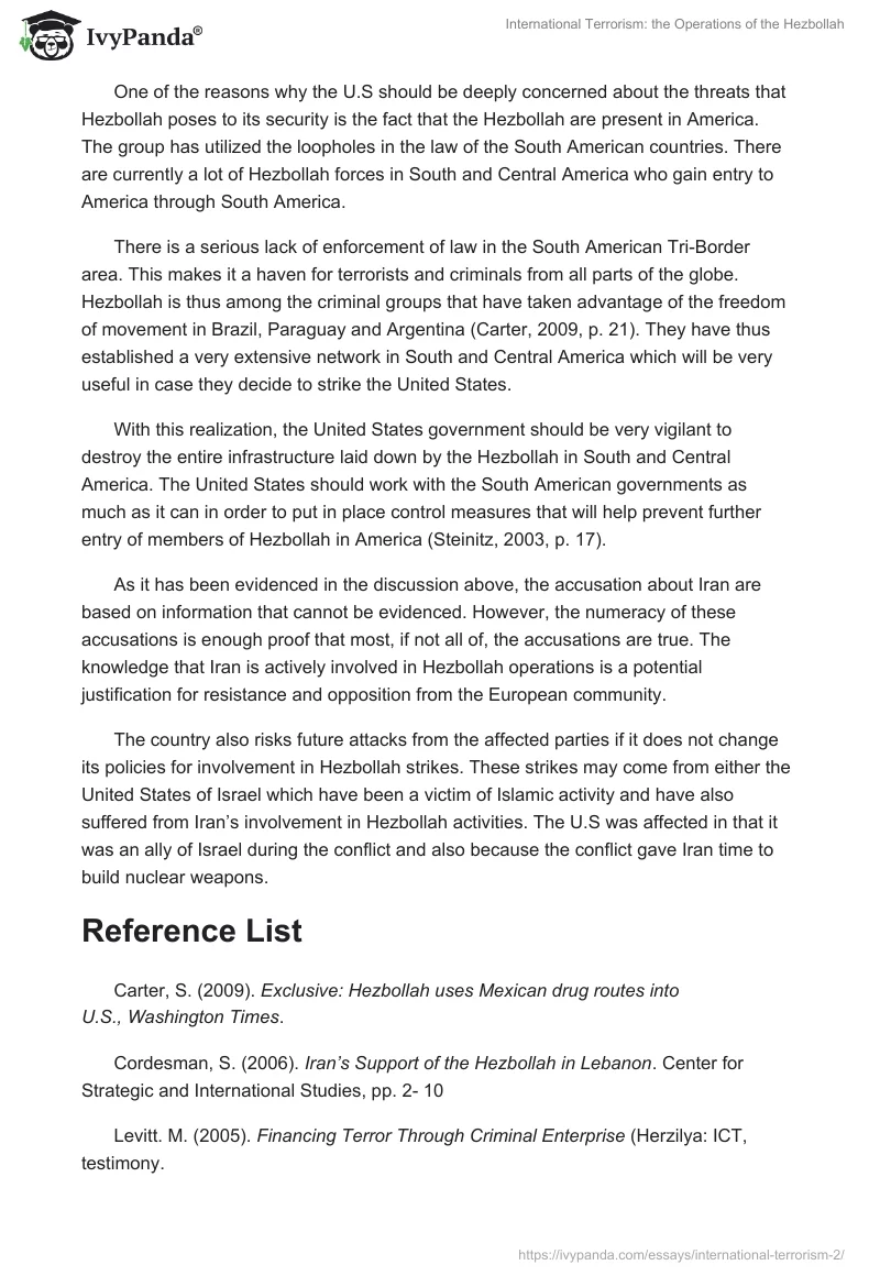 International Terrorism: The Operations of the Hezbollah. Page 5