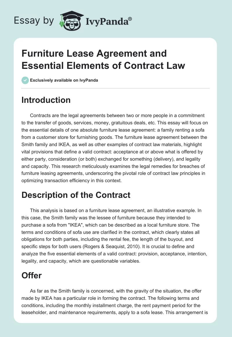 Furniture Lease Agreement and Essential Elements of Contract Law. Page 1