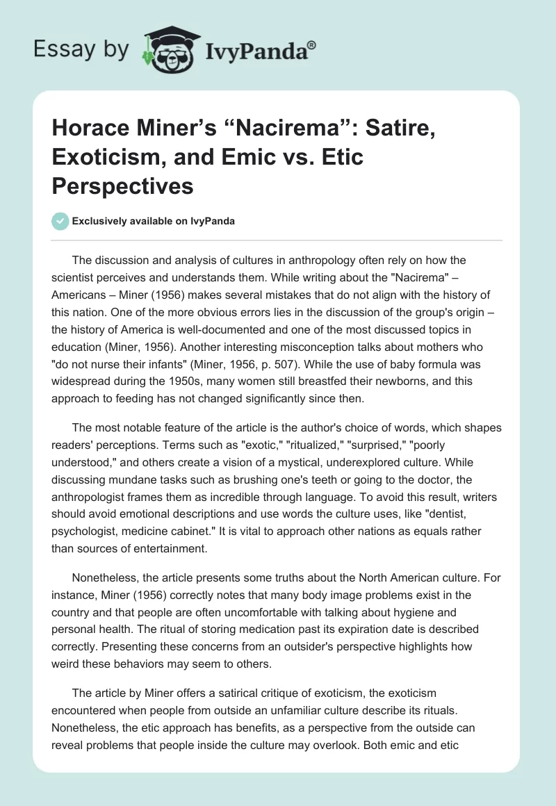 Horace Miner’s “Nacirema”: Satire, Exoticism, and Emic vs. Etic Perspectives. Page 1