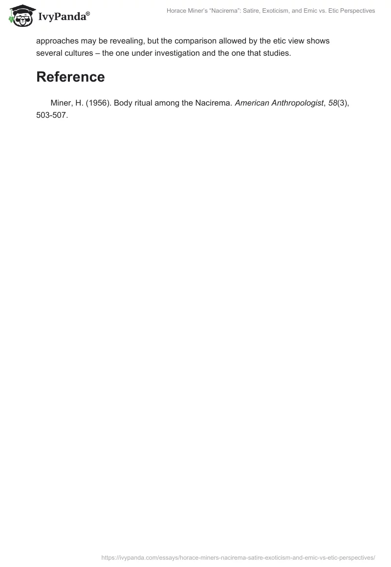Horace Miner’s “Nacirema”: Satire, Exoticism, and Emic vs. Etic Perspectives. Page 2