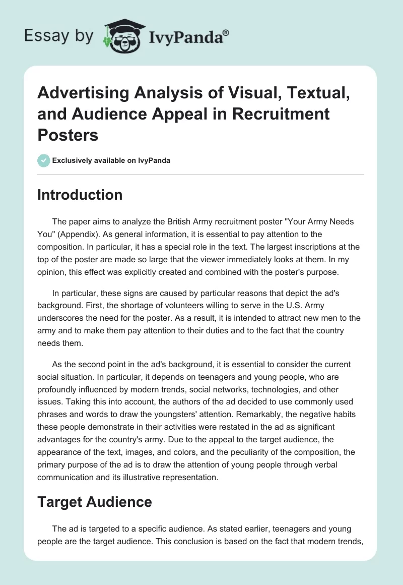Advertising Analysis of Visual, Textual, and Audience Appeal in Recruitment Posters. Page 1