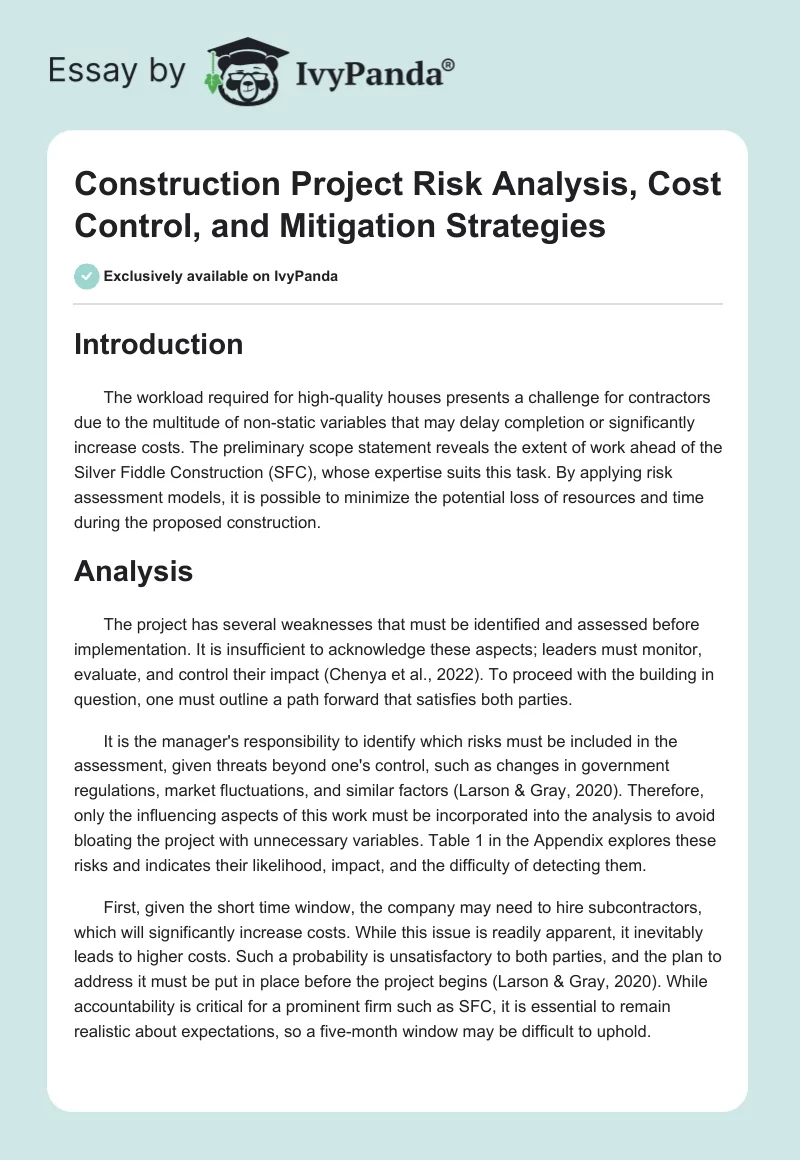 Construction Project Risk Analysis, Cost Control, and Mitigation Strategies. Page 1