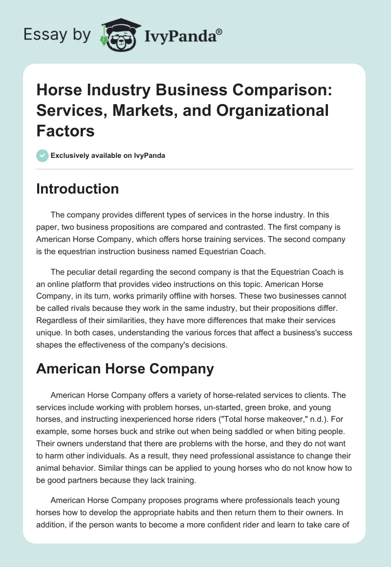 Horse Industry Business Comparison: Services, Markets, and Organizational Factors. Page 1