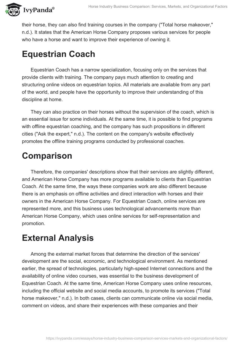 Horse Industry Business Comparison: Services, Markets, and Organizational Factors. Page 2