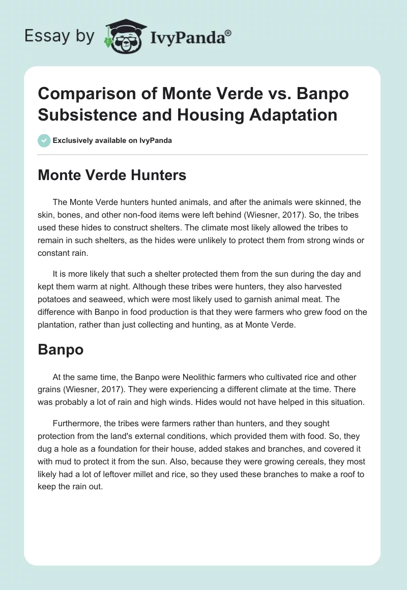 Comparison of Monte Verde vs. Banpo Subsistence and Housing Adaptation. Page 1