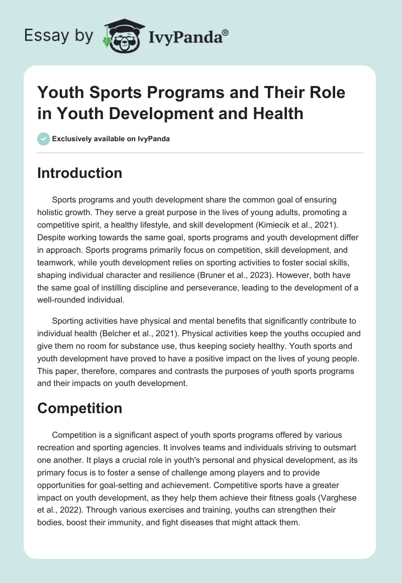 Youth Sports Programs and Their Role in Youth Development and Health. Page 1