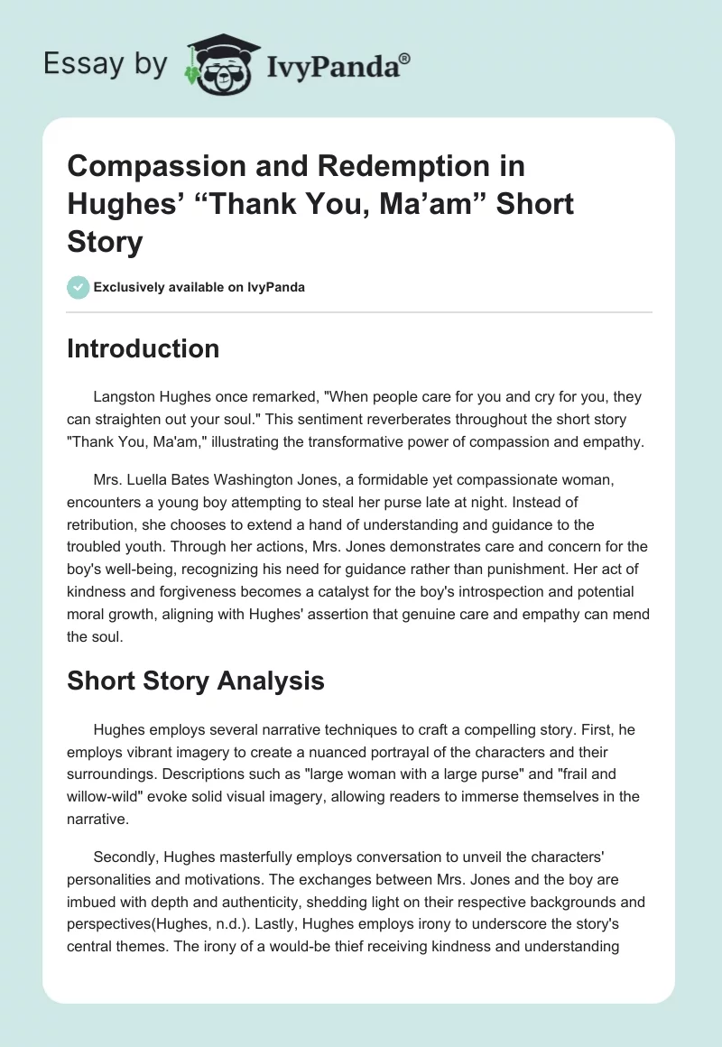 Compassion and Redemption in Hughes’ “Thank You, Ma’am” Short Story. Page 1