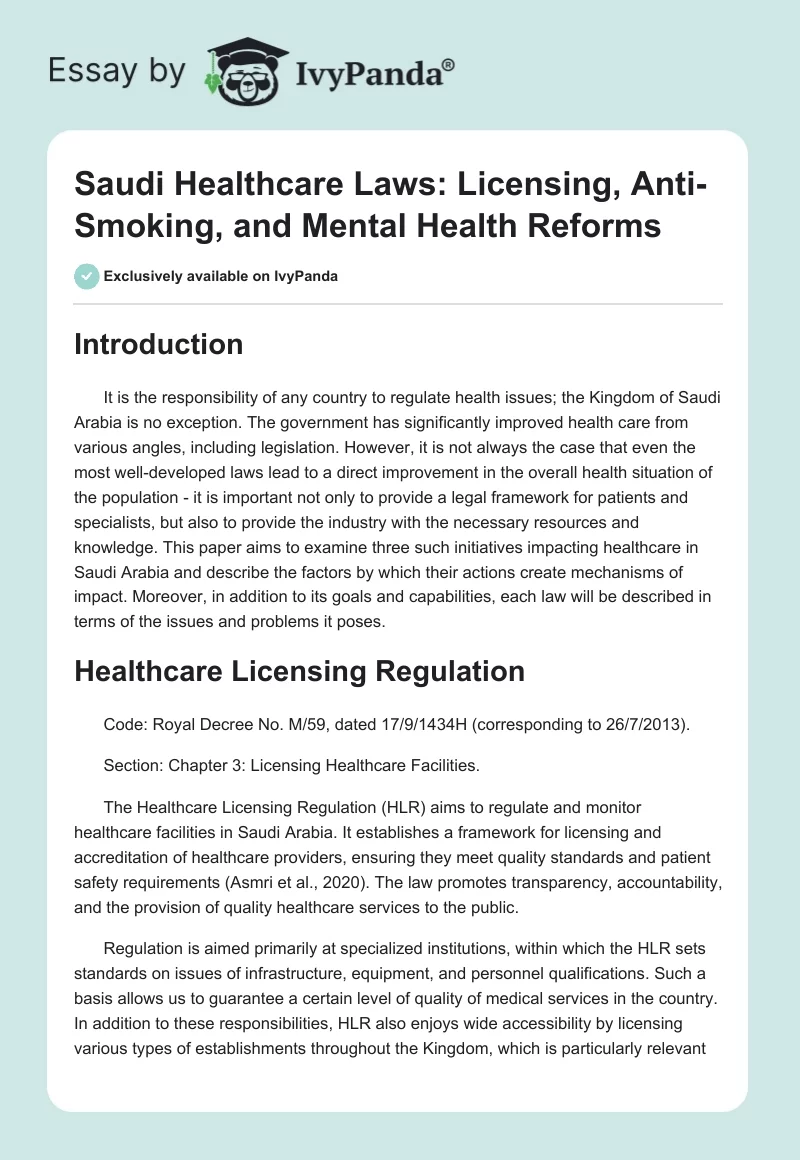 Saudi Healthcare Laws: Licensing, Anti-Smoking, and Mental Health Reforms. Page 1