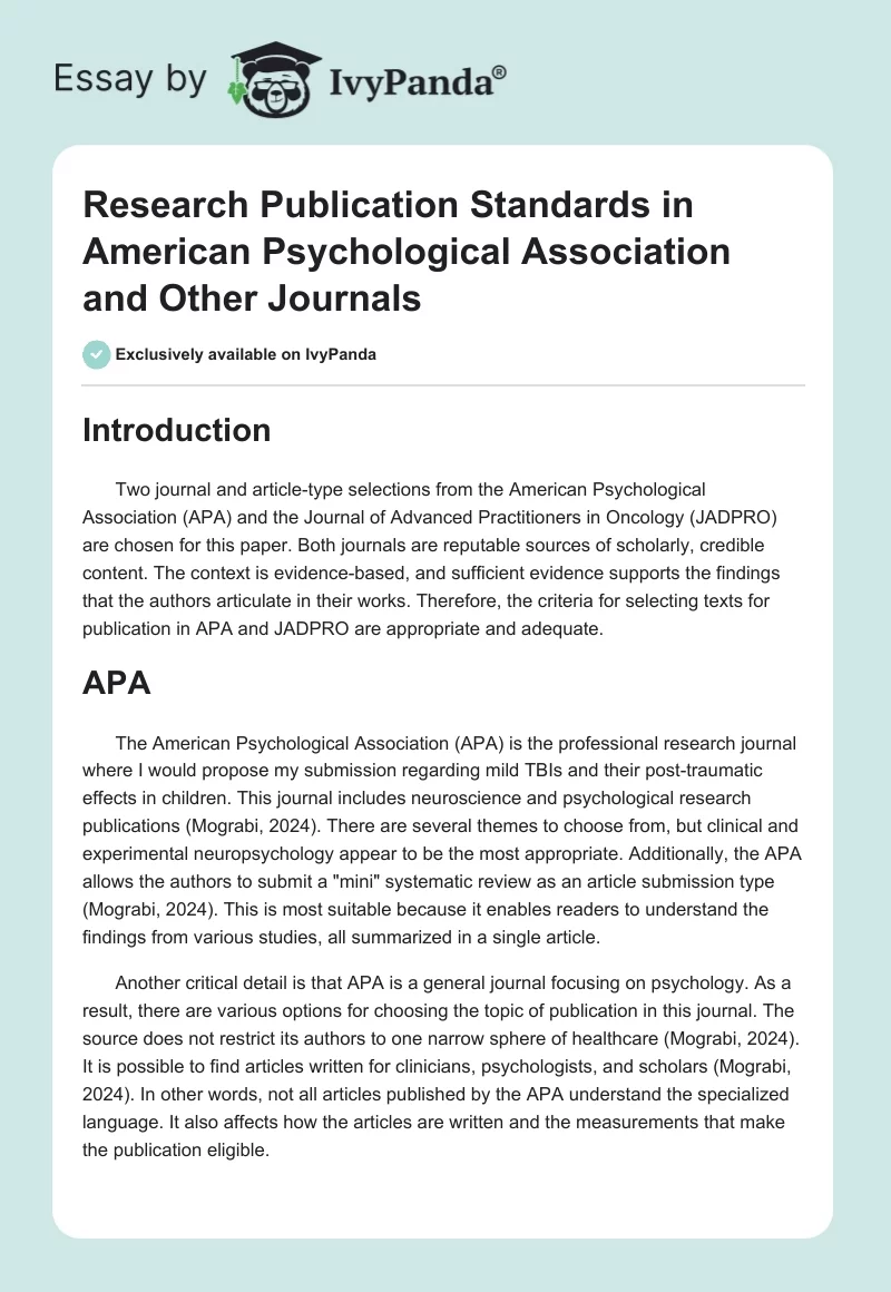 Research Publication Standards in American Psychological Association and Other Journals. Page 1