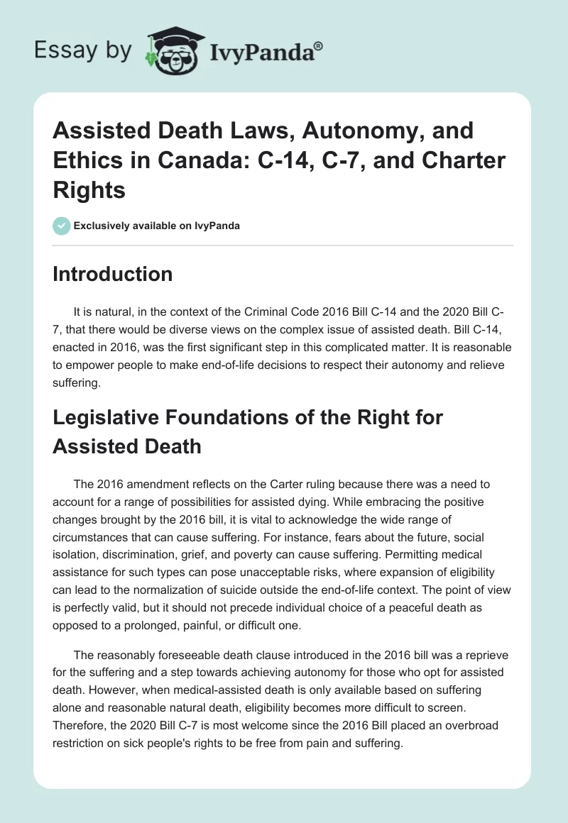 Assisted Death Laws, Autonomy, and Ethics in Canada: C-14, C-7, and Charter Rights. Page 1
