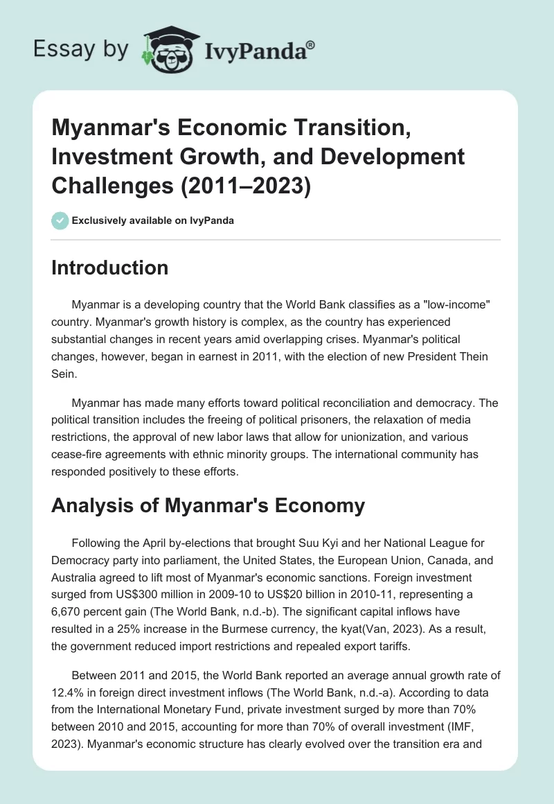 Myanmar's Economic Transition, Investment Growth, and Development Challenges (2011–2023). Page 1