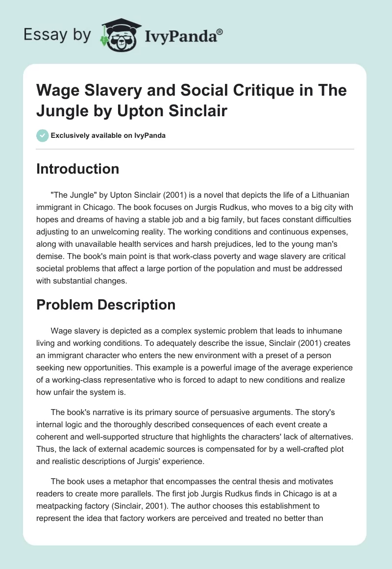 Wage Slavery and Social Critique in "The Jungle" by Upton Sinclair. Page 1