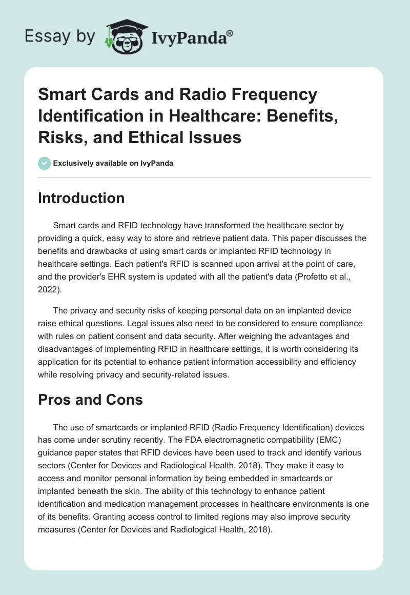 Smart Cards and Radio Frequency Identification in Healthcare: Benefits, Risks, and Ethical Issues. Page 1
