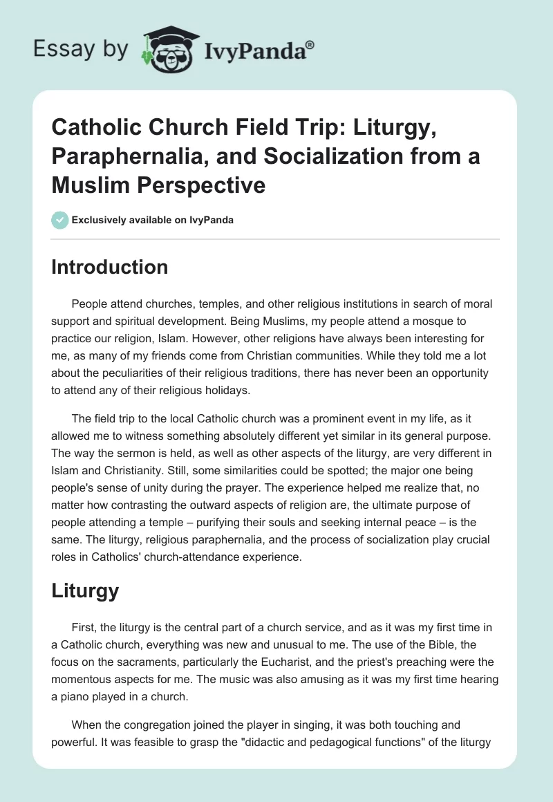 Catholic Church Field Trip: Liturgy, Paraphernalia, and Socialization from a Muslim Perspective. Page 1