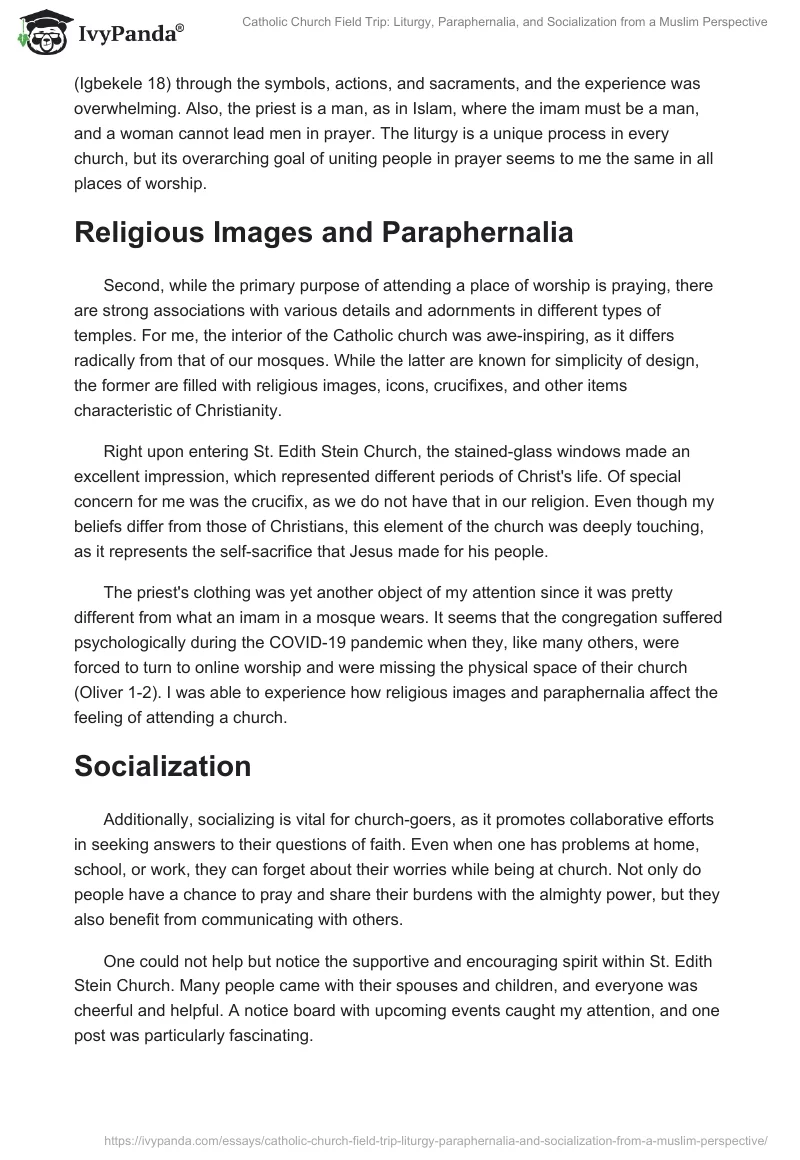 Catholic Church Field Trip: Liturgy, Paraphernalia, and Socialization from a Muslim Perspective. Page 2