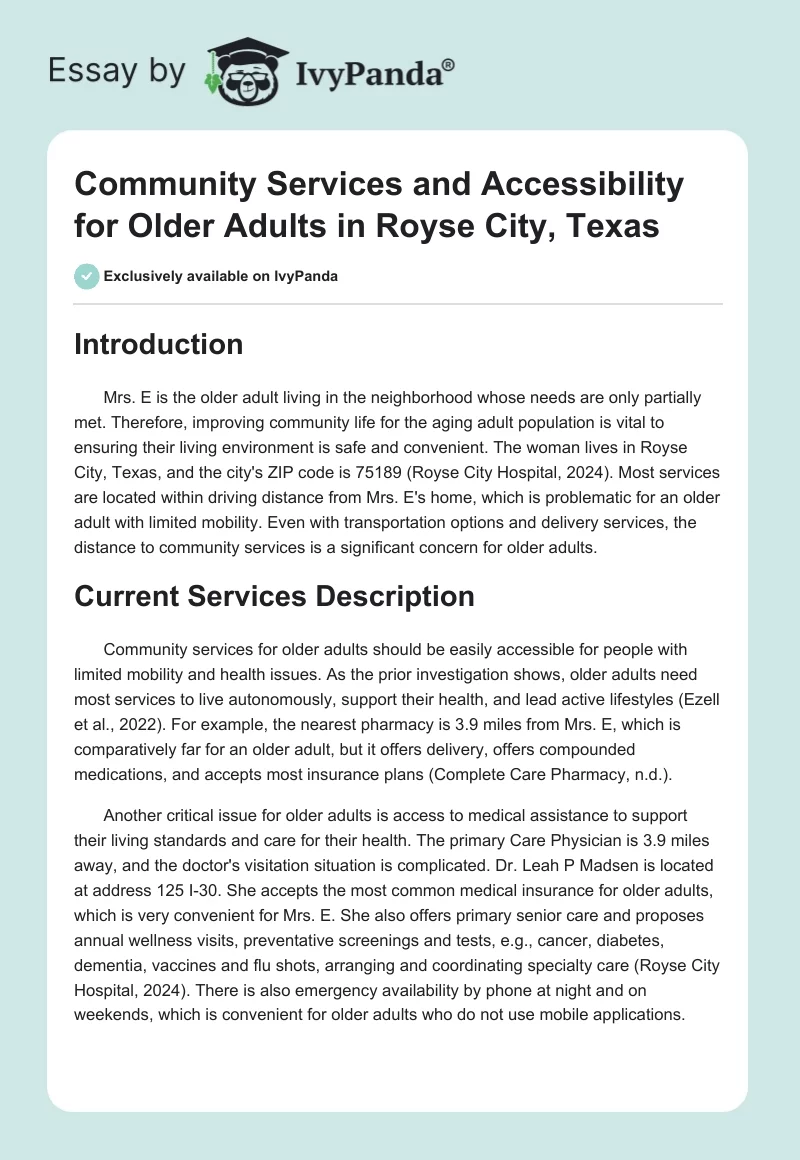 Community Services and Accessibility for Older Adults in Royse City, Texas. Page 1