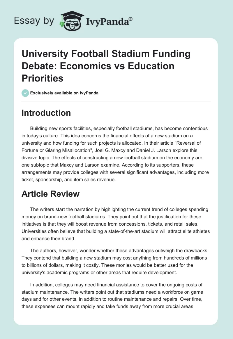 University Football Stadium Funding Debate: Economics vs Education Priorities. Page 1