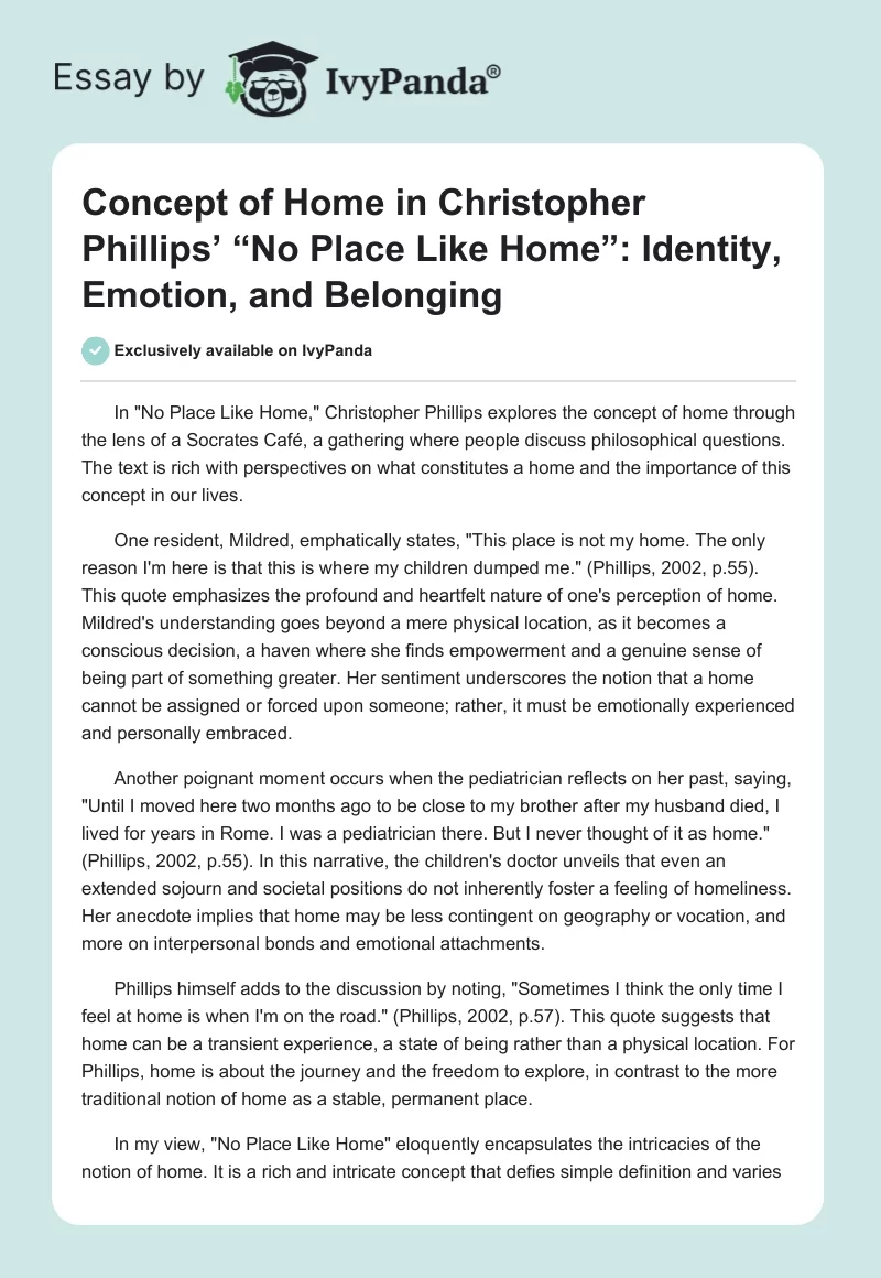Concept of Home in Christopher Phillips’ “No Place Like Home”: Identity, Emotion, and Belonging. Page 1