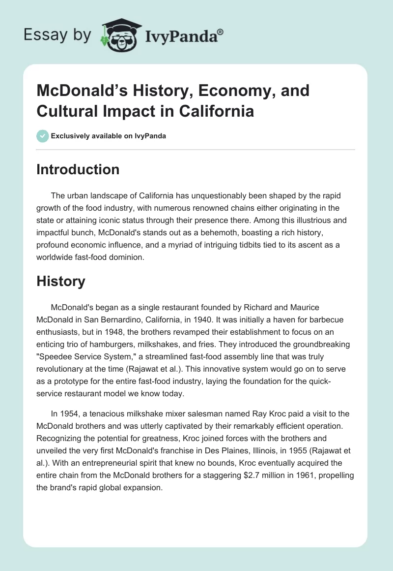 McDonald’s History, Economy, and Cultural Impact in California. Page 1