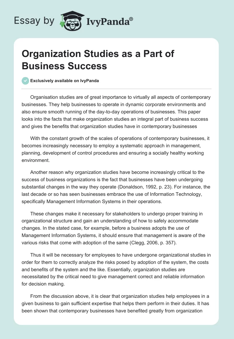 Organization Studies as a Part of Business Success. Page 1