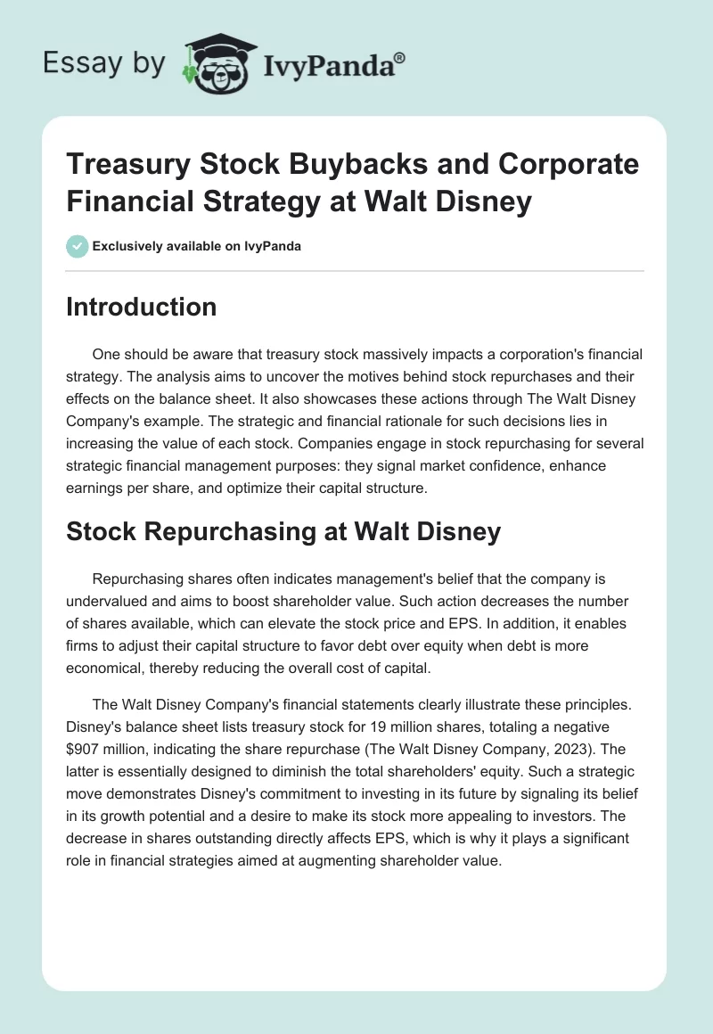 Treasury Stock Buybacks and Corporate Financial Strategy at Walt Disney. Page 1