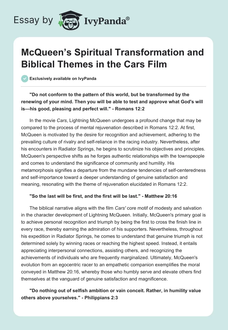 McQueen’s Spiritual Transformation and Biblical Themes in the Cars Film. Page 1