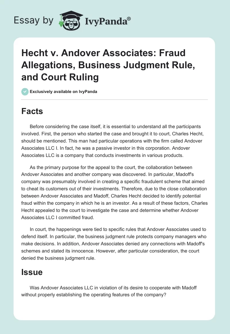 Hecht v. Andover Associates: Fraud Allegations, Business Judgment Rule, and Court Ruling. Page 1