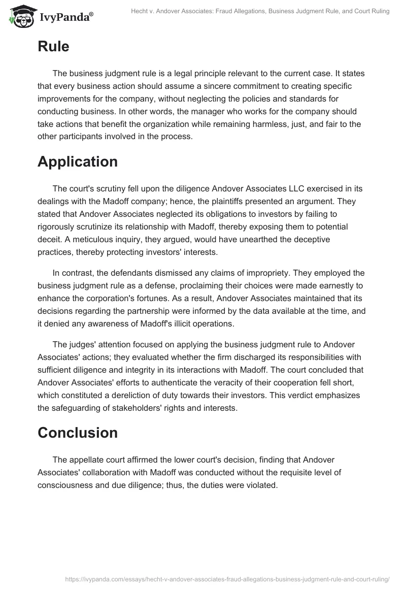 Hecht v. Andover Associates: Fraud Allegations, Business Judgment Rule, and Court Ruling. Page 2