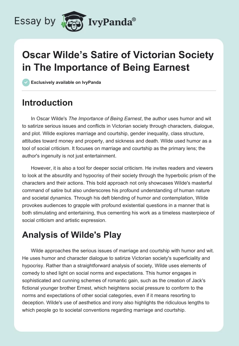 Oscar Wilde’s Satire of Victorian Society in The Importance of Being Earnest. Page 1