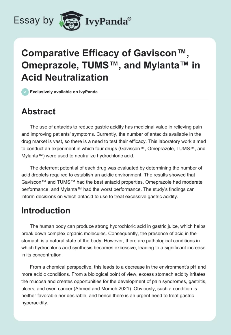 Comparative Efficacy of Gaviscon™, Omeprazole, TUMS™, and Mylanta™ in Acid Neutralization. Page 1