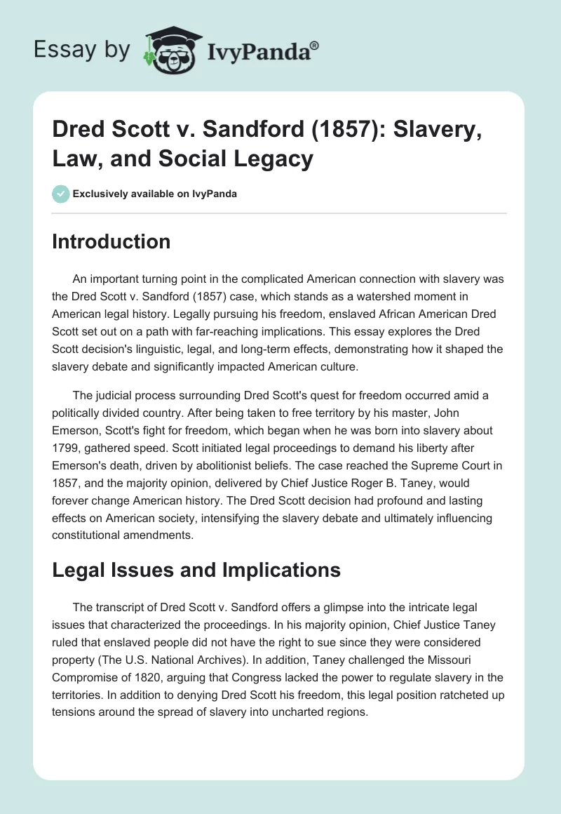 Dred Scott v. Sandford (1857): Slavery, Law, and Social Legacy. Page 1